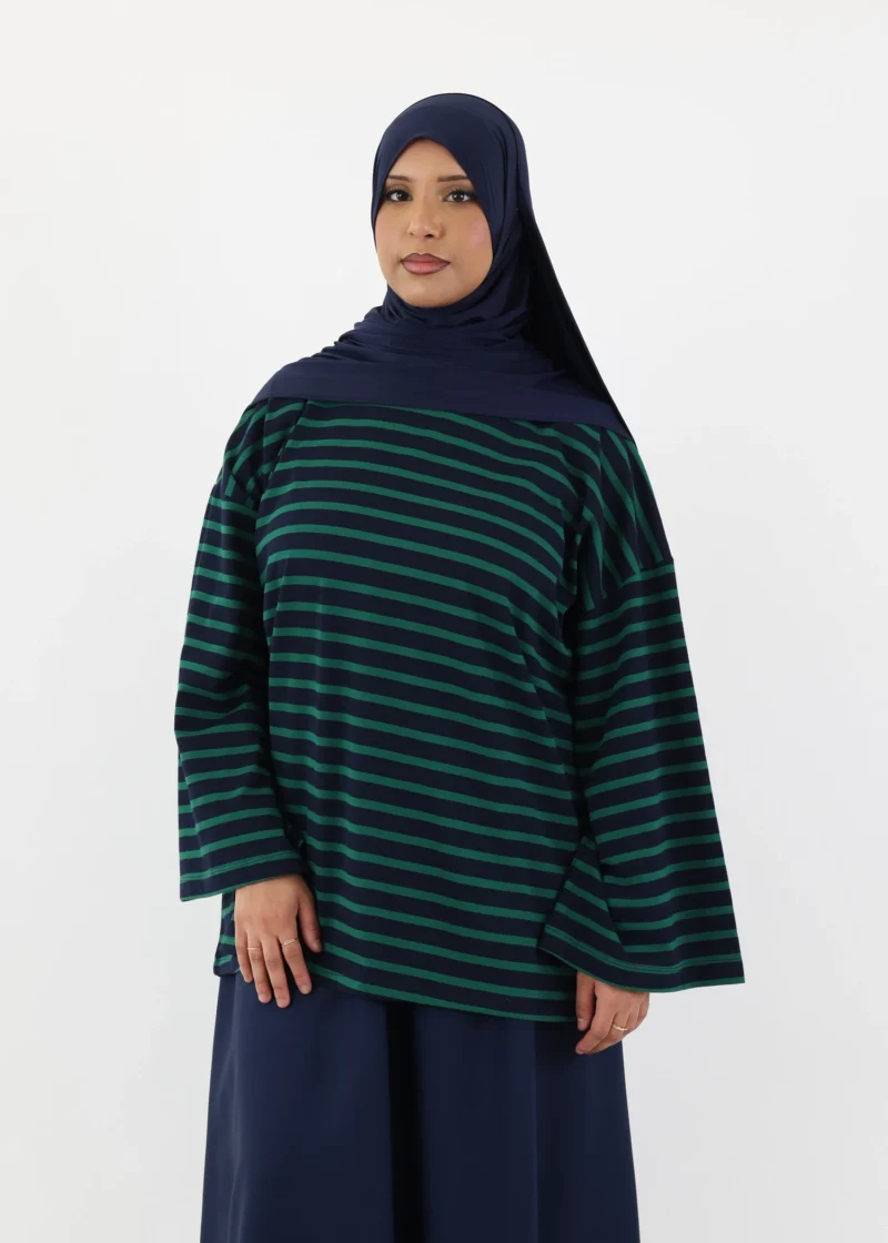 Alternative view of Modest Long Sleeve Striped Cotton T-Shirt – Navy/Green