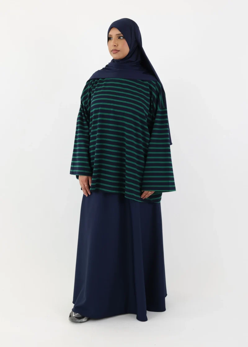 Modest Long Sleeve Striped Cotton T-Shirt – Navy/Green - Image 3