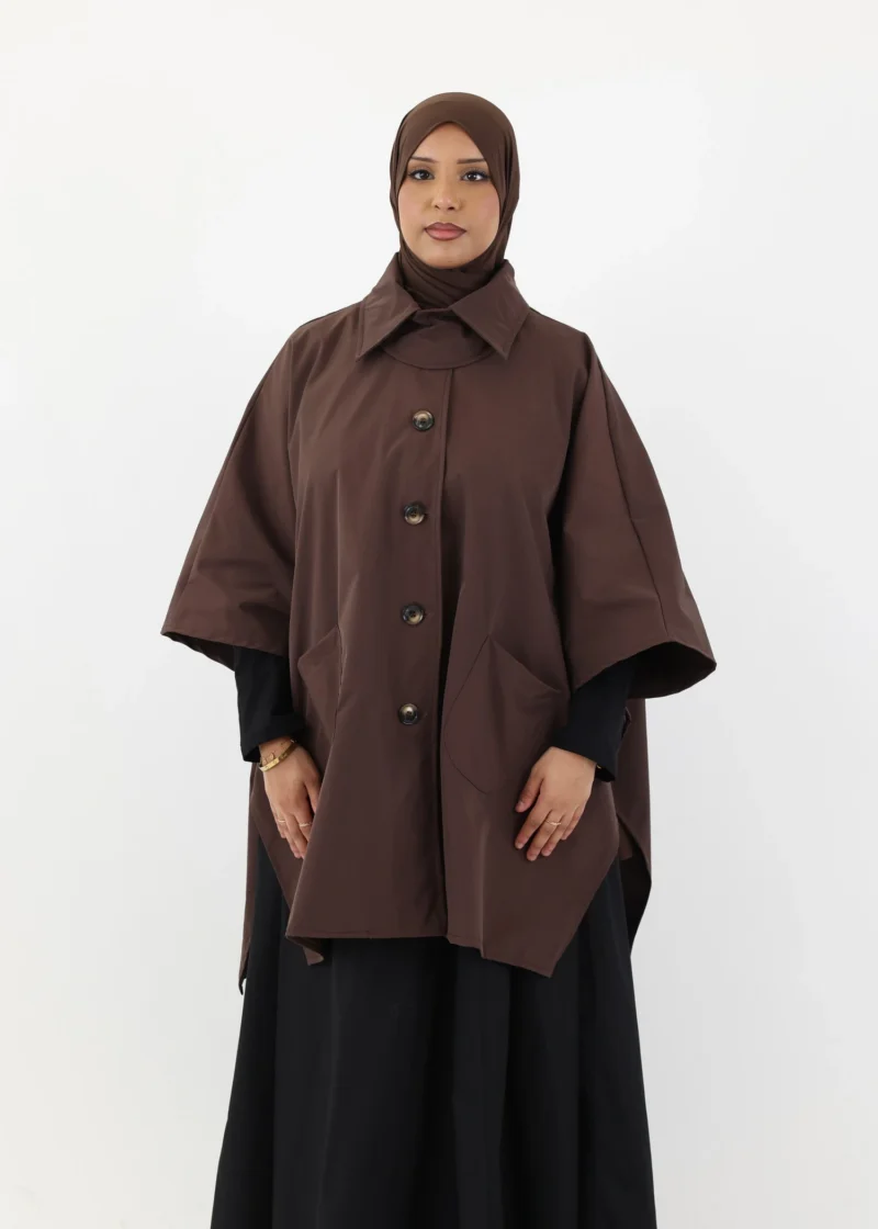 Water Resistant Button Up Poncho - Coffee - Image 3