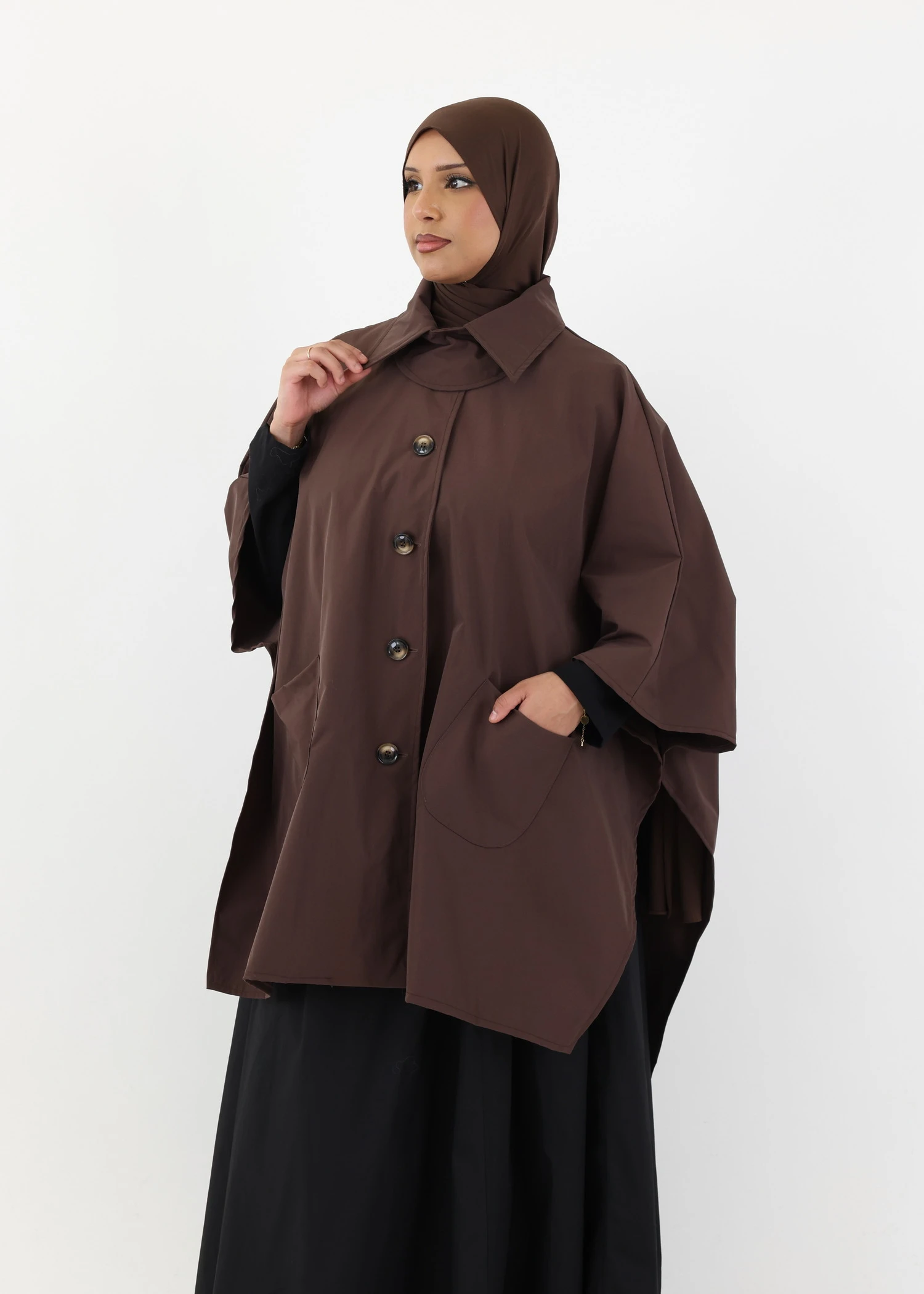 Water Resistant Button Up Poncho - Coffee