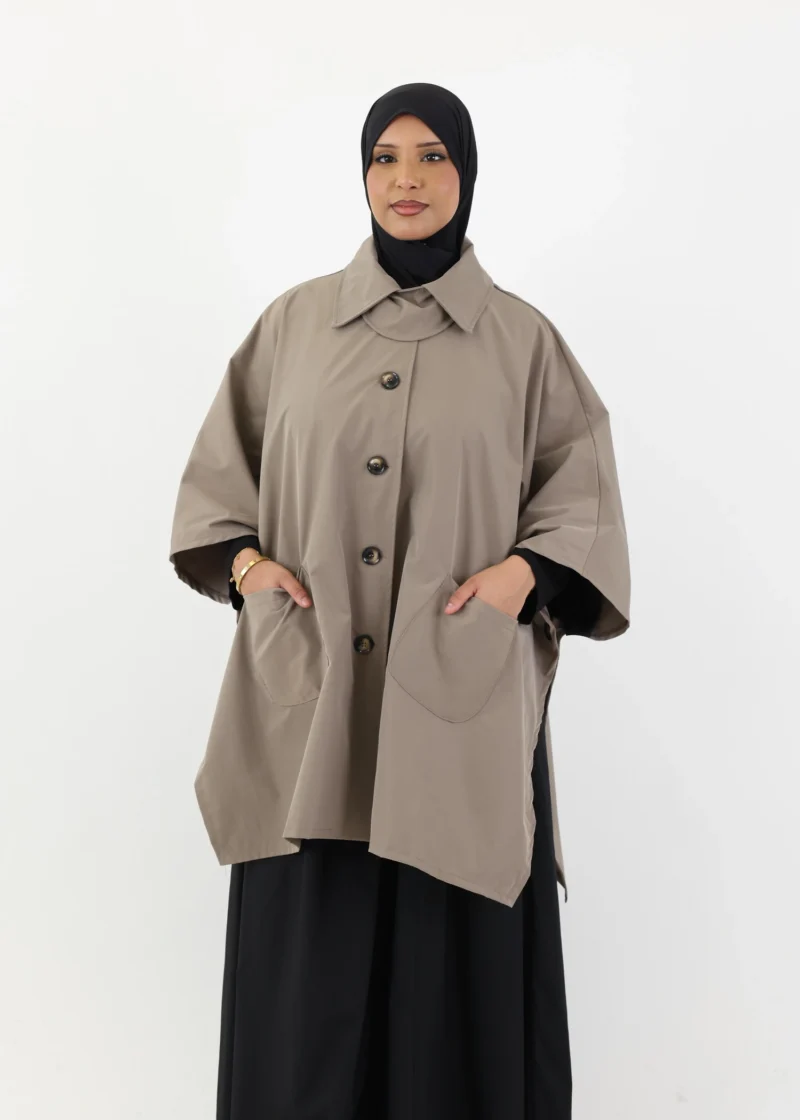 Water Resistant Button Up Poncho - Taupe - Image 3