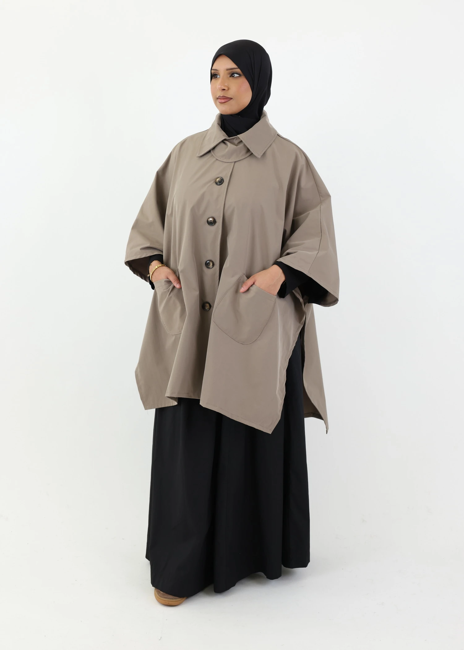 Water Resistant Button Up Poncho - Taupe