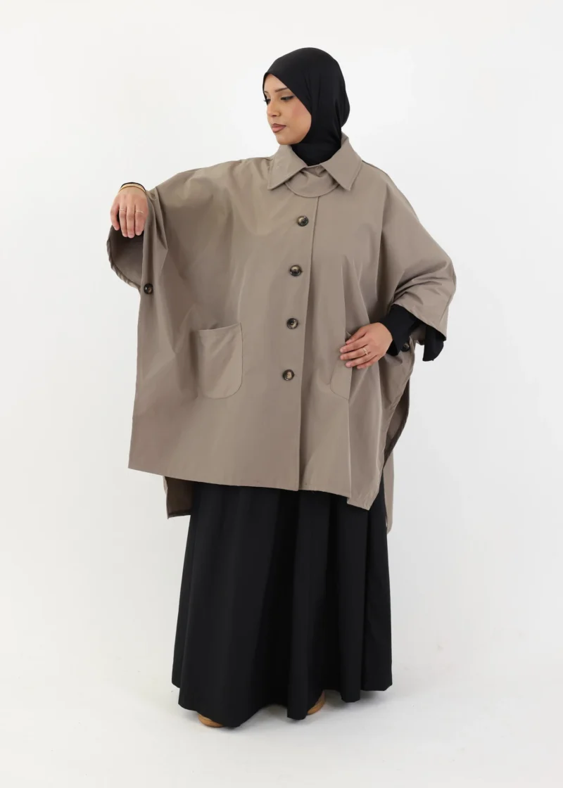 Water Resistant Button Up Poncho - Taupe - Image 5